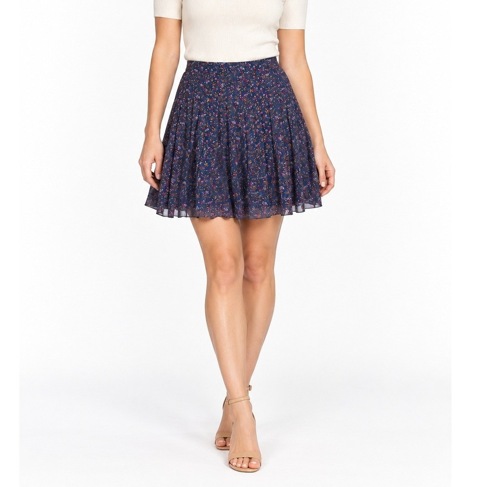 Pleated Floral Mini Skirt 6 Navy Sheer Ditsy Print Skater Romantic Cottagecore